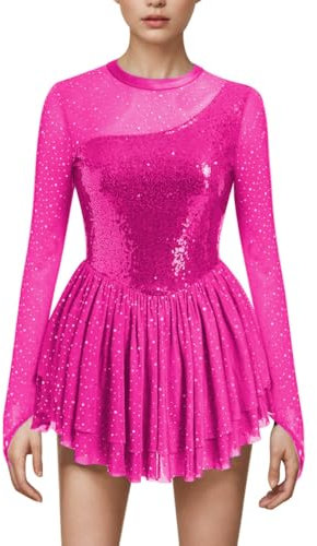 FYMNSI Damen Eiskunstlauf Kleid Glitzer Pailletten Langarm Ballettkleid Ballettkleidung Gymnastik Leotard Turnanzug Tanzkost�m Eiskunstlaufkleid Eislaufen Skating Kleider Gymnastikanzug Rose XL