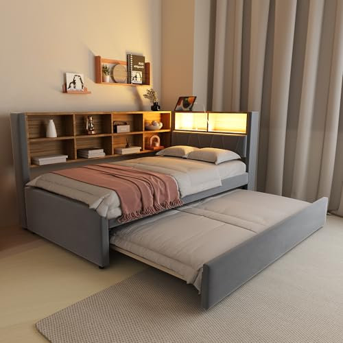 Polsterbett Einzelbett 90x200, Tagesbett Schlafsofa mit Ausziehbett&LED Licht&USB-Anschluss&vielen Ablagefächern, Bettgestell Gästebett Jugendbett mit Lattenrost, Flanell, Ohne Matratze, Dunkelgrau