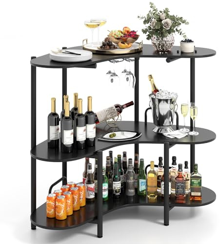 LIFEZEAL L-förmige Bartisch mit Weinglashalter, Stehender Küchentisch mit Stauraum & erhöhtem Geländer, Bistrotisch Beistelltisch hoch 102 cm, Traglast 90 kg (Schwarz)