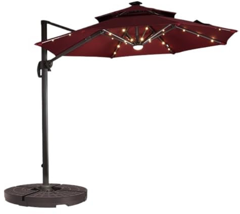 AMULONG Gartenschirm 8,2 Fuß Freitragender Regenschirm Mit Sockel Und Kippbaren Solar-LED-Leuchten Für Den Garten Im Freien Sonnenschutz