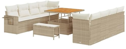 vidaXL 11-teiliges Garten-Sofa-Set mit Kissen in Beige, aus Poly Rattan und Akazienholz. Perfekt für draußen, für bis zu Vier Leute. Modular und bequem – ideale Sitzgruppe für Deine Terrasse!