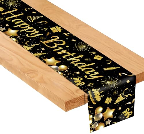 Tischläufer Geburtstag Schwarz Gold, Happy Birthday Tischdeko für Kinder und Erwachsene, Tischläufer Outdoor und Drinnen Familienessen Tischdekoration,Wiederverwendbare Geburtstagstischdecke 180x35 cm