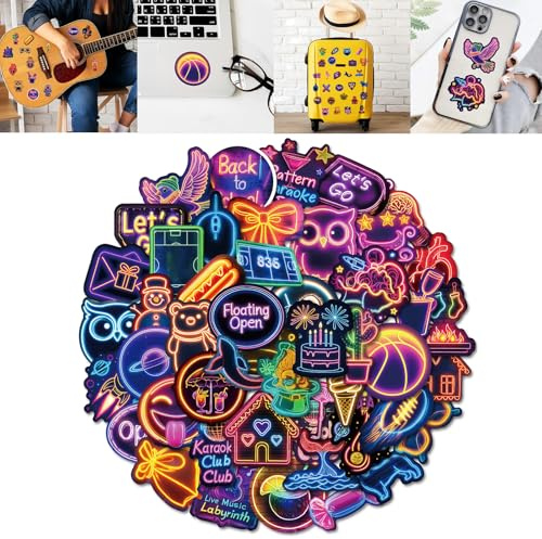 100 Neon Cool Stickers Pack for Teens Adults Kids Teachers - Creative Vinyl Decals Set for Laptop Scrapbook Suitcase Scooter Skateboard Birthday Phone Water Bottles Journal
