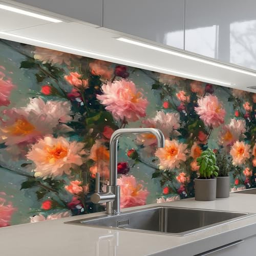 KitchenYeah© Spritzschutz Küchenrückwand Küche Abwaschbar Selbstklebend | 80x300 cm - Küchenwand Küchenfront Küchen Rückenwand Wandschutz Dahlie - Blumen - Muster