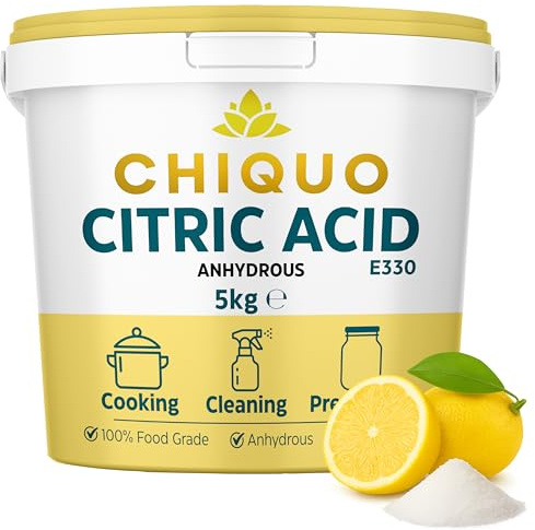 Chiquo Citric Acid 5kg Bucket - Anhydrous & 100% Food Grade - E330 | GMO-Free & Vegan | Natural Descaler & Cleaner | For Cleaning, Cooking, Bath Bombs & Preserving | Bulk Tub with Handle