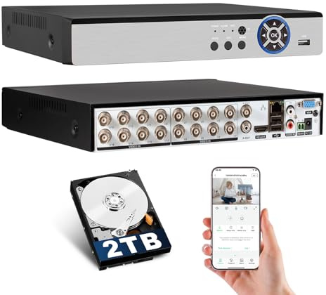 KERUI 16Channel Security Recorder DVR 16CH 5MP Surveillance Video Recorder H.265+ Hybrid 6-in-1 AHD/TVI/CVI/CVBS/IP/XVI Camera DVR with Human Detection, 24/7 Recording(with 2TB Hard Drive)