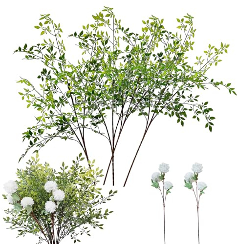 Vndnsy 4 ramas de 105 cm de color verde de Nandina de imitación y 2 ramas de 26 pulgadas, flores artificiales de crisantemo de seda de imitación de color blanco. Para boda, tienda, jardín, oficina