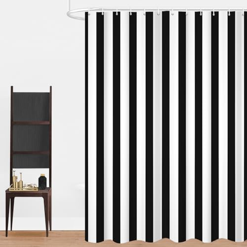GCIREC Duschvorhang, 180x180cm, Schwarz und Weiß Moderner Minimalismus Vertikale Streifen Wasserdichter Stoff Maschinenwaschbarer Badezimmervorhang mit Haken