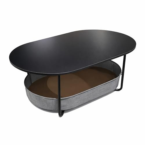 Relaxdays Couchtisch, mit Stoffkorb, oval, Beistelltisch mit Stauraum, HxBxT: 55x100x45 cm, MDF & Eisen, Farbwahl | Beistelltisch mit Stauraum, HBT 55x100x45 cm, MDF & Eisen