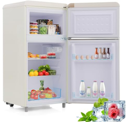 Merax Retro Kühlschrank mit Gefrierfach – 72L Mini Kühlschrank, 21L Gefrierfach, 120 kWh/Jahr, Energieklasse E, LED-Licht, Weiß, Ideal für kleine Haushalte