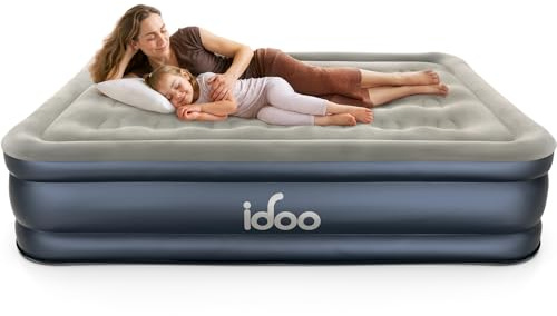 iDOO Komfortable Luftbett 2 Personen, Schnell Aufblasbar in 3 Minuten | Luftmatratze mit integrierter Pumpe, Flockgewebe, Durchstoßfest Material, Gästebett für Zuhause & Camping - 137x190x46cm