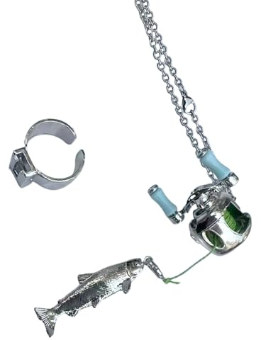 Jazuaiao Artistic Fishing Theme Necklace Rings Rotating Handle Design Father ' s Day Enthusiasts Fishing Reel Jewelry Set Interactive