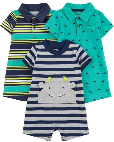 Simple Joys by Carter's Baby Boys' 3-Pack Rompers, Green Dinosaur/Navy Stripe/Yellow Stripe, 12 Months