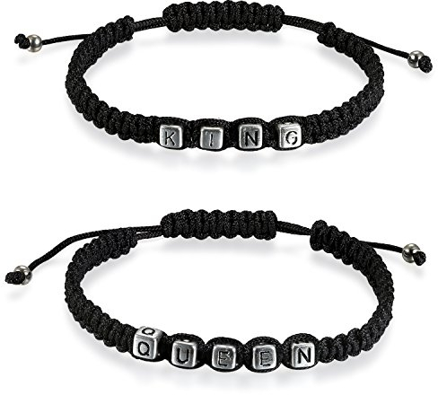 JewelryWe Valentinstag Schmuck 2pcs Freundschafsarmband Partnerarmbänder King Queen Retro Leder geflochten Armband Armreif Schwarz für Liebespaar