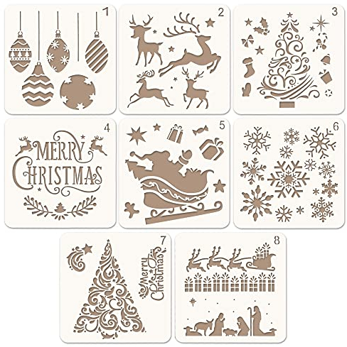 Coogam 8 Pcs Christmas Stencils Template - Reusable Plastic Craft for Art Drawing Painting Spraying Window Glass Door Car Body Wood Journaling Scrapbook Holiday Xmas Snowflake DIY Decoration 5x5 inch