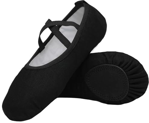 Chaussures de Ballet Demi Pointe Toile Fille Femme Chaussures de Danse Doux Classique Chaussons Split Plate pour Pilates Yoga Gymnastique Enfants Adulte Noir 32