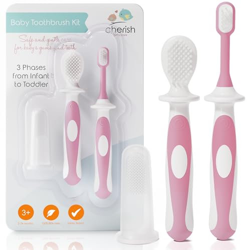 Cherish Baby Care Baby Zahnbürste, Kinderzahnbürste & Fingerling in einem Set (3-24 Monate) - Sicherheitsgeprüft & 100% BPA-frei, Aus Lebensmittelechtem Silkon (Rosa)