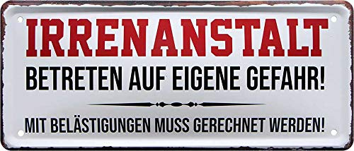 schilderkreis24 - Blechschilder Lustiger Spruch “Irrenanstalt betreten auf eigene Gefahr“ Deko Metallschild Hauseingang Schild Geschenkidee Tür Zuhause 28x12cm