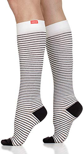 VIM & VIGR 30-40 mmHg Compression Socks for Women & Men, Cream & Black Pinstripe, 4