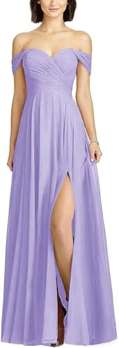 HSFIYAKJ Vestido largo de gasa con hombros descubiertos para dama de honor, vestido formal de fiesta de noche con abertura, Lila, 50