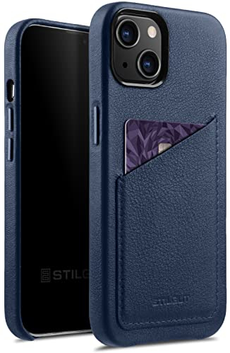 STILGUT Cover kompatibel mit iPhone 13 Hülle mit Kartenfach, Case aus Leder, Kartenhülle - Dunkelblau Nappa
