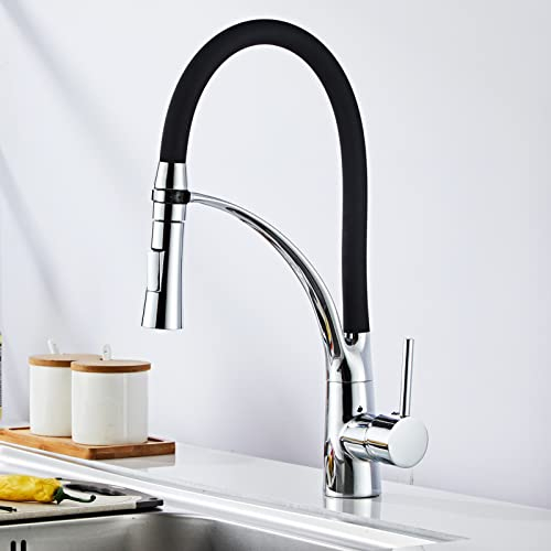 Achelous Grifo de Cocina con 2 Modos de Chorro Grifos de Fregadero con Manguera Flexible de Silicona Mezclador Monomando con Soporte Caño para Agua Fria y Caliente Negro Cromo