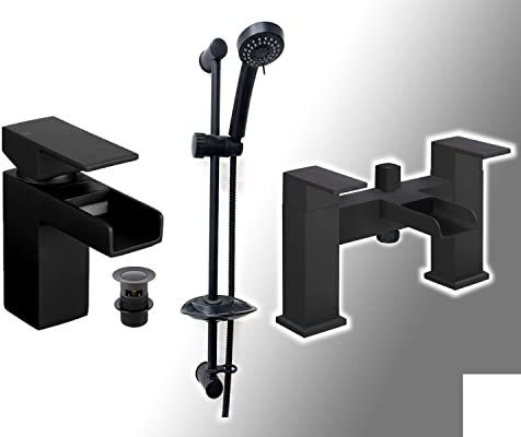 Trade In Post Waterfall Basin & Bath Shower Mixer Bathroom Tap Set Slide Rail Kit Matt Black