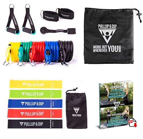 PULLUP & DIP Widerstandsbänder Set: Tube Bänder mit Griffen, Türanker, Fußschlaufen, Tragetasche + Loop Bänder 5er Set aus Naturlatex mit Tragetasche, Gymnastikbänder für Muskelaufbau, Yoga, Pilates