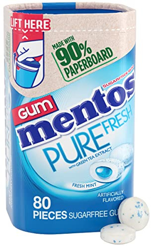 Mentos Pure Fresh Sugar Free Gum with Xylitol, Fresh Mint, 80 Stück Flasche | Kaugummi, perfekt für langanhaltenden frischen Atem in der Schule, bei der Arbeit und auf Reisen