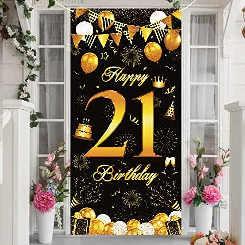 Black Gold 21st Birthday Backdrop Banner - Door Decoration, Party Background for Men & Women - Cheer to 21 Years - Table & Wall Decoration, 185 x 90cm