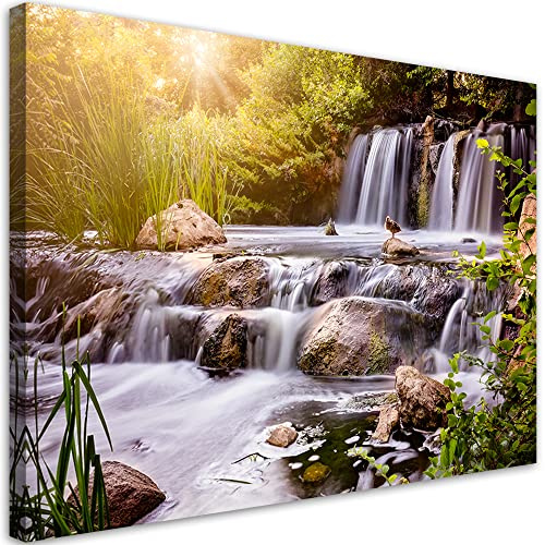 Feeby Bilder 90x60 cm Wasserfall Die Natur Kaskade 1 tlg Modern Vlies Wandbilder Leinwandbilder Kunstdruck Wand Wanddeko Design Wohnzimmer Flur Büro Wasser Wald Felsbrocken Weiß