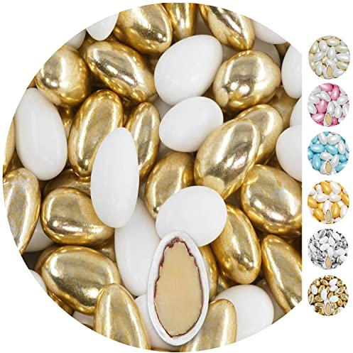 EinsSein 1kg dragées mariage amandes Conchiglia Mix blanc-or brillant | dragees baptême, communion, célébrer, fête, candybar | Cadeaux pour les invités mariage | Bonbon aux Amande | Badem sekeri