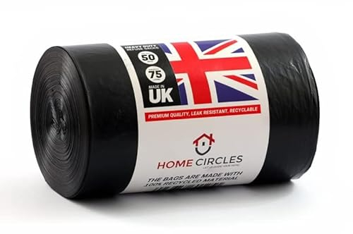 HOME CIRCLES 50 Black Bin Bags - 75L Capacity Bin Bags Heavy Duty - Rubbish Bags Wastage Liners Trash Bags for Kitchen Office DIY Refuse Sacks Garden Bags Made from 100% Recycled Material