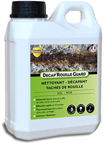 Guard Industrie - Decap'Rouille Guard - 1L traite 8m2 - Décapant Rouille Express –Agit en 10 Minutes– Pierre, Carrelage, Tomette, Béton – Elimine Sulfate de Fer, Cuivre-Sol Mur