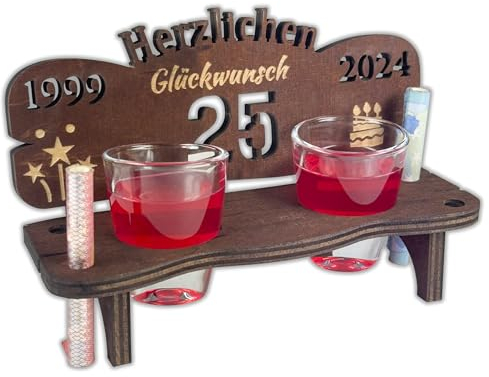 Urhome Schnapsbank mit Jahreszahl 25 Gravur zum Geburtstag, Jubiläum, Jahrestag aus Holz - 2 Schnapsgläser - 25 Jahre Dunkel Braun