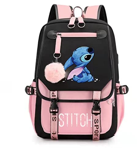 RWBLA Donne Ragazze Usb Borsa Da Scuola Di Grande Capacità Stitch Zaino Casual Rosa, multicolore, 47X30X16CM
