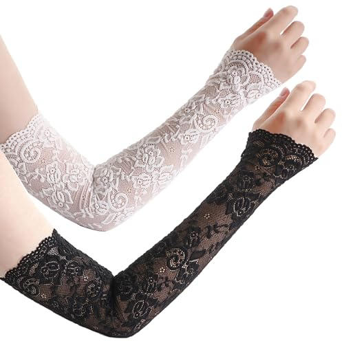 2Paia Manicotto Braccio UV Protezione, Guanti in Pizzo Ultrasottili, Manicotti di Ghiaccio Raffreddamento Senza Dita, Sport Ciclismo All'aperto Guidare Protettivi Coprire Il Tatuaggio, Nero/Bianco