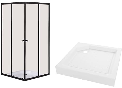 VBChome Duschkabine 80x80 Schwarz mit Duschwanne Quadrat Duschtasse Eckeinstieg Duschwand Schiebetür Duschabtrennung Klares Sicherheitsglas Dusche Duschtrennwand Quadrat 80x80 cm Schwarz