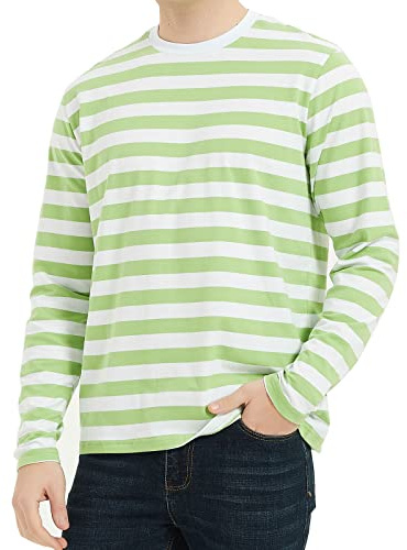 Mens Black White Striped Long Sleeve Crewneck Basic T-Shirt | Regular Fit,Standard Length,Unisex Striped Cotton Spandex Tee,Anti-PillingFade-Resistant,Multicolor Casual Pullover