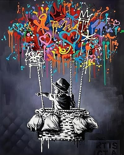 Peinture par numéro Banksy Street Graffiti Peinture sur toile avec pinceaux Peinture acrylique Graffiti Abstrait Pop Art Peinture par numéros pour adultes, enfants, étudiants, débutants 40,6 x 50,8 cm