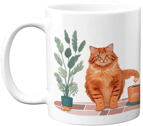 Orange Coffee Cat Mug, Cat Lovers Mug, Cataholic Mug Cat Sayings Funny Ceramic Cup for Java (Coffee), Hot Tea or Hot Chocolate 11oz (White)
