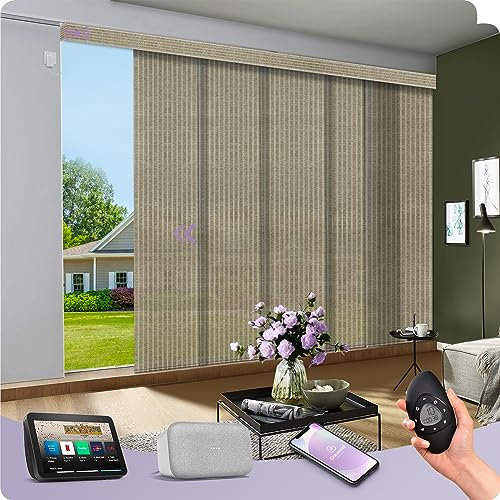 Graywind Smart Natural Sliding Panel Track Blinds Light Filtering, Hardwired Room Dividers Compatible with Alexa Google, Remote Motorised Rail Track Blinds for Patio Door, Wheat