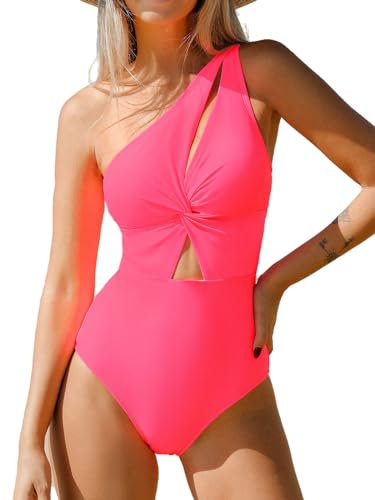 CUPSHE Costume da bagno intero da donna, monospalla con ritaglio sul retro, asimmetrico, Rosa fluo, M