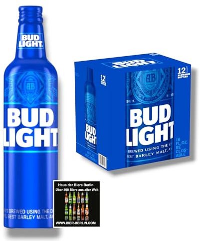 Bud Light Aluflasche 12 x 473ml - Original Import aus den USA - Twist-Off Cap - Anheuser Busch- Inkl. Haus der Biere Berlin Bierdeckel