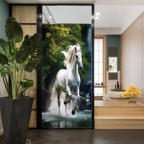 Fensterfolie mit Waldmotiv und weißem Pferd, Motiv: Tiere, Bachläufe, moderne Buntglas-Fensterabdeckungen, statisch haftende Fensterfolie für Zuhause, Büro, Geschäfte, 80 x 160 cm (B x L)