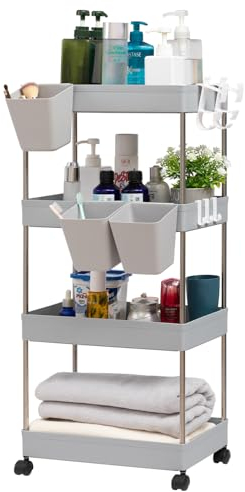 DOEWORKS Storage Trolley Cart, 4-Tier Storage Cart with Wheels Rolling Utility Cart with Hanging Cups Multi-Purpose Storage Shelf Rack for Kitchen Bathroom Bedroom Office, Grey