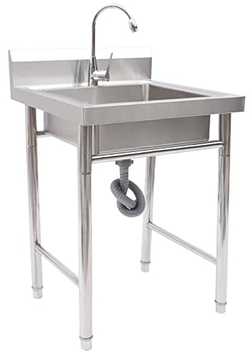 Donened Fregadero de acero inoxidable con patas ajustables, fregadero comercial con grifo para exteriores, patio trasero, cocina, restaurante, etc