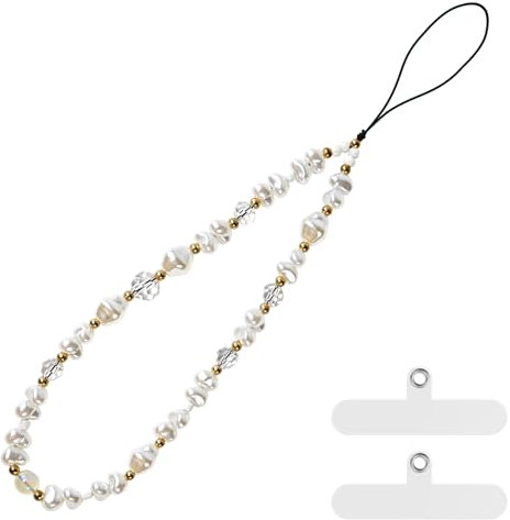 pcgaga Designed Pearl Beaded Phone Charm, Mobile Phone Wrist Strap, Handmade Phone Bracelet Straps, Anti-Lost Lanyard Wrist Chain for Women Girls Gift,Phone Accessories, Keychain (White Pearl)