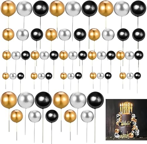 Tortendeko Kugeln, 60 Stück Mini Kuchen Dekoration Kugel, Schaumkugeln Cupcake Topper, DIY Kuchen Topper, 1 Set mit 3 Farben und 4 Größen, für Geburtstag Hochzeit Bedarf (Schwarz)