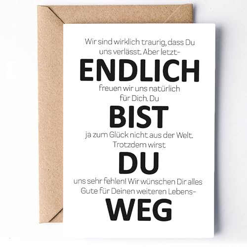 KAMEWI® Grußkarte ENDLICH BIST DU WEG | Klappkarte mit Briefumschlag aus Kraftpapier | Lustiges Geschenk Jobwechsel Ruhestand Arbeitskollegen